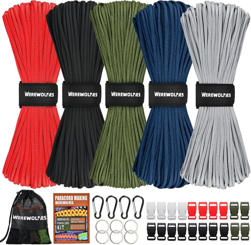 WEREWOLVES 550 Paracord Kits 100ft Each Color - 5 Colors Parachute Cord Combo 7 Strand Type III Parachute Cord 4mm for Crafting, Dog Collar, Survival Bracelets - Image 1